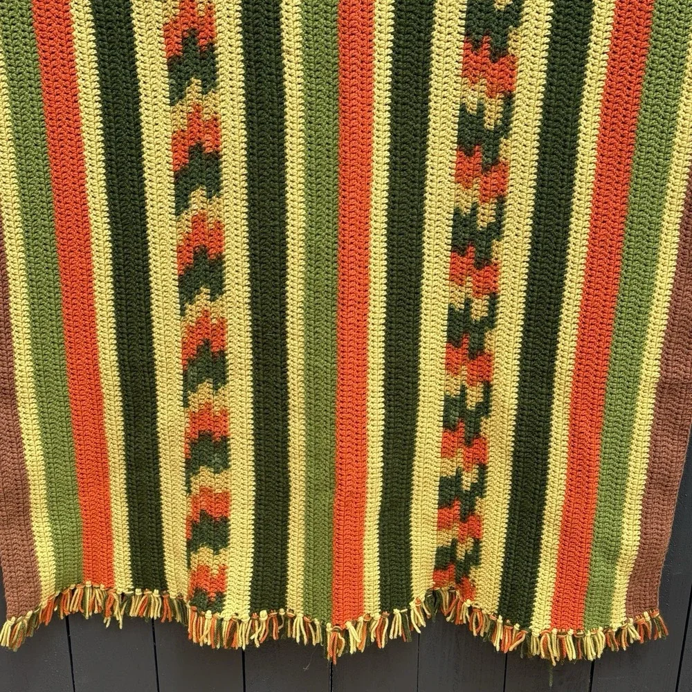 VTG Handmade Crochet Boho Southwestern Afghan Throw 66X88 Cottage Stripe 70s